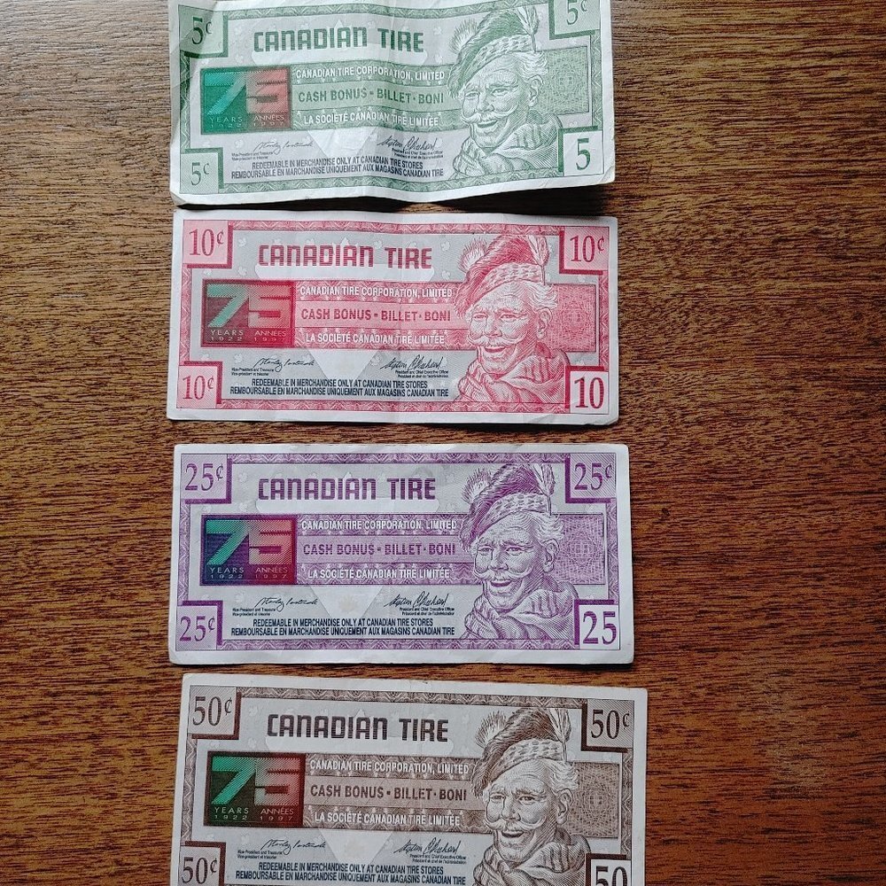 Canadian Tire Money 75th Anniversary Edition Lot of 4 5 Cents 10 Cents 25 50